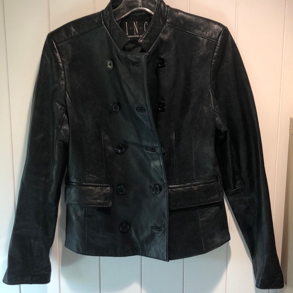 INC international Concepts black leather military style double breast jacket M - Picture 1 of 8